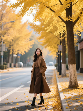 秋天黄色银杏树街头美女摄影图片